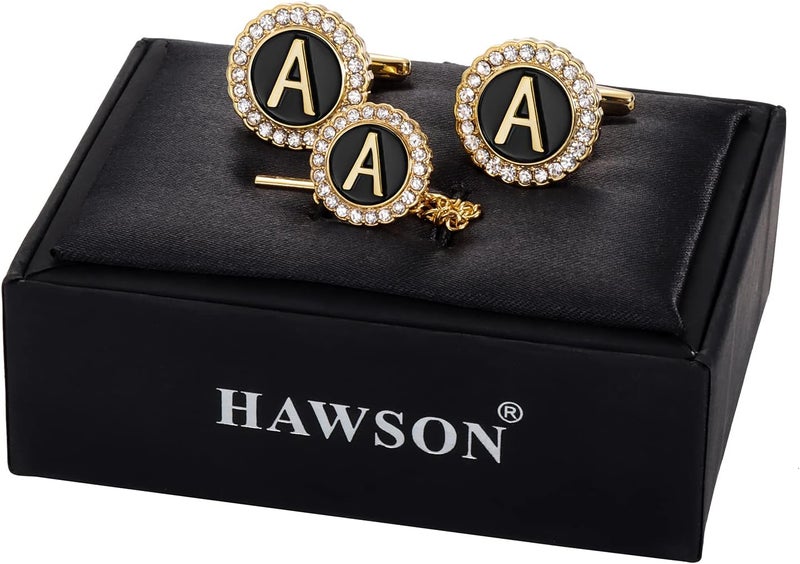 HAWSON أزرار أكمام ذهبية ودبوس ربطة عنق للرجال، أزرار أكمام ذهبية كريستالية مع دبابيس لابيل لمجموعة الرجال والنساء، دبوس ربطة عنق مع سلسلة على ربطة العنق لملحقات الزفاف والأعمال - Image 2